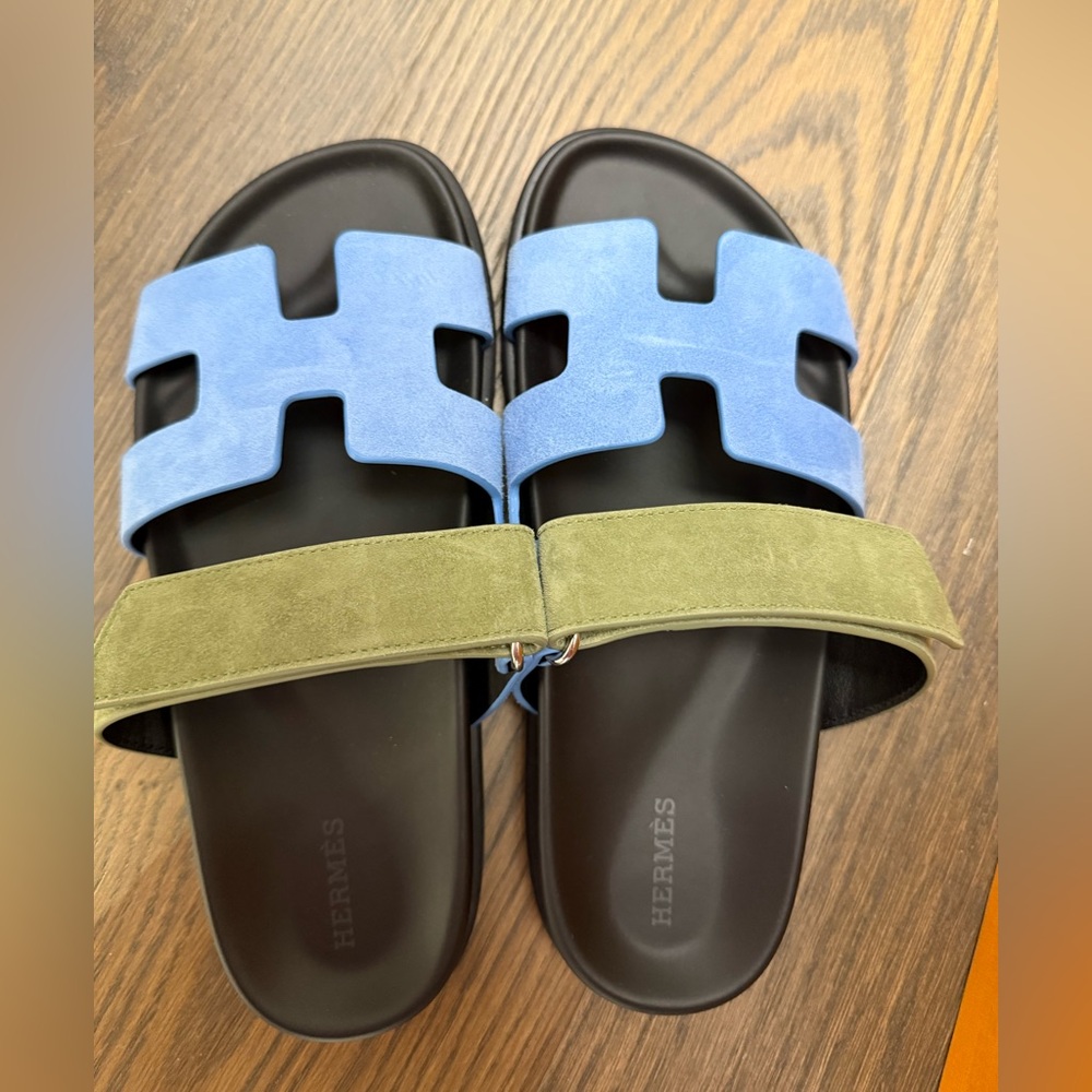 Hermes Blue and Green Sandals with H-Pattern Design